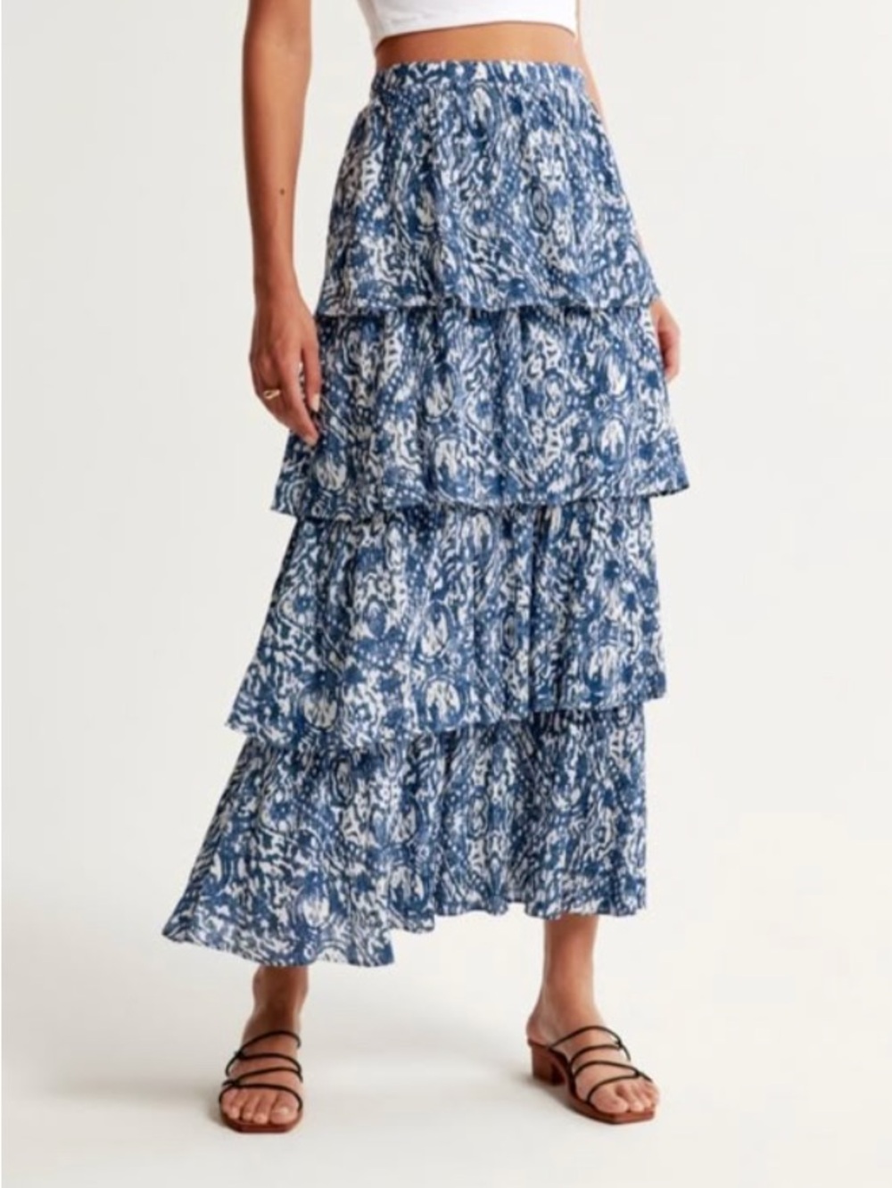 Abercrombie & Fitch Tiered Crinkle Textured Maxi Skirt and Squareneck Top Set